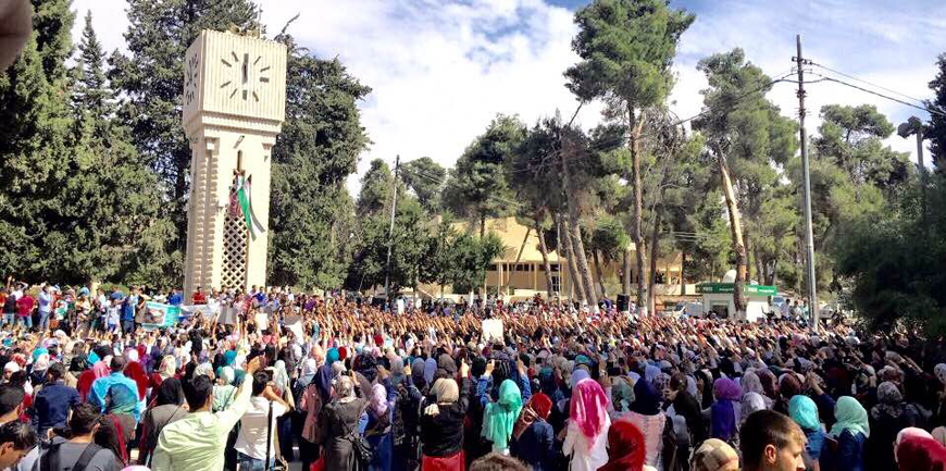 University of Jordan students participate in a march on campus on Tuesday in solidarity with Palestinians (Photo courtesy of UJ Student Union)